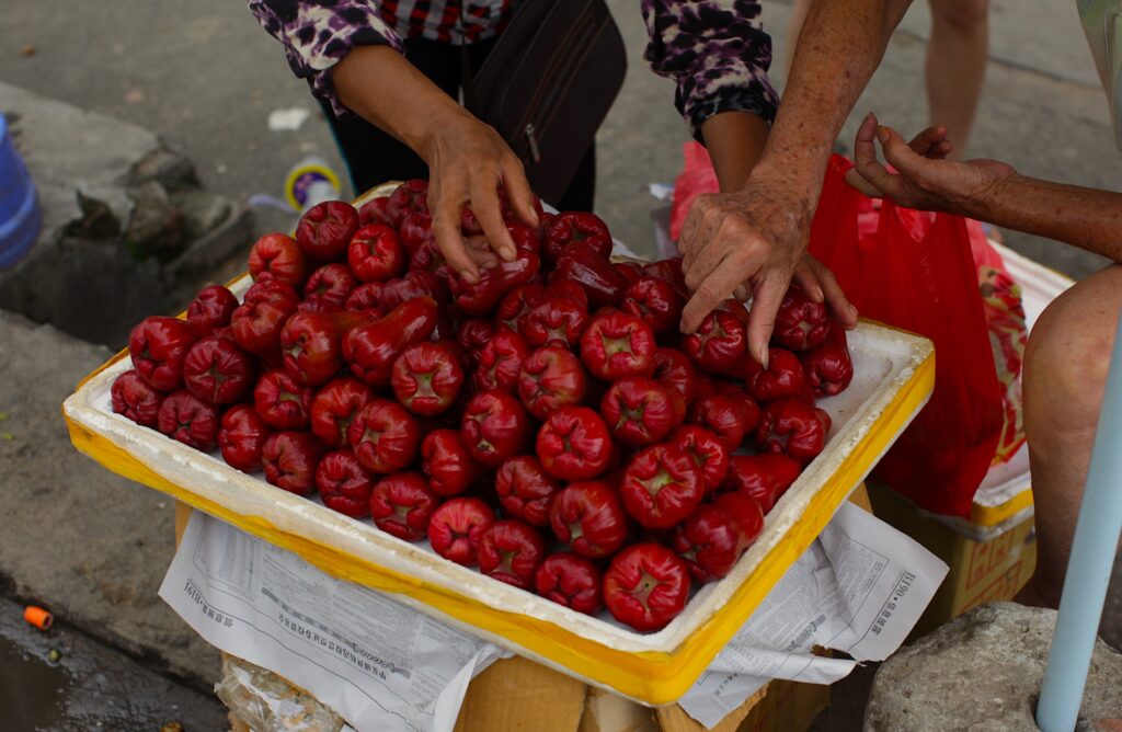 Puesto de manzanas de agua en Hainan, China